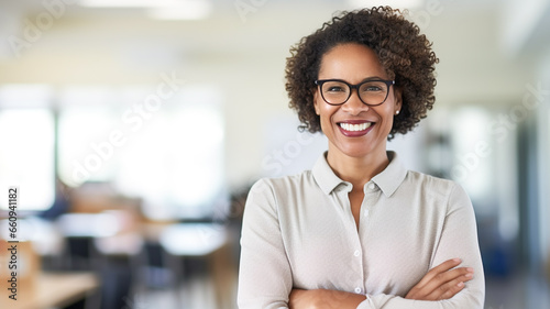 Smiling african american female teacher standing in classroom.
