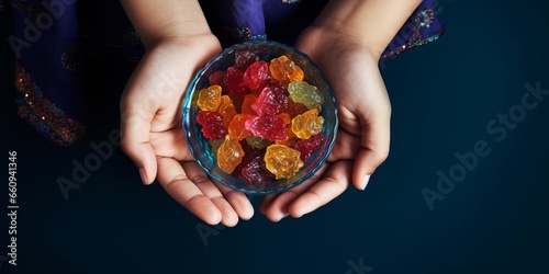 Holding bowl of candies, top view image of woman and child hand holding bowl of candies. Isolated dark blue background, copy space. Ramadan feast celebration concept idea. Greetings ba : Generative AI photo