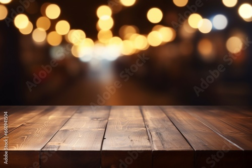 Empty Wooden Round Table with Blurred Pub or Bar Background and Bokeh Lights