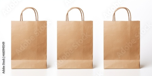 Close up female holds in hand brown clear empty blank craft paper bag for takeaway isolated on white background. Packaging template mock up. Delivery service concept. Copy space. Adver : Generative AI photo
