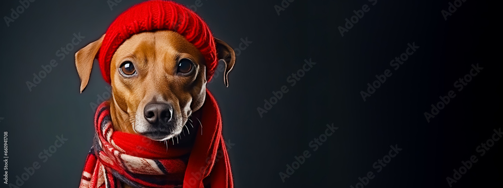 Cute dog dressed in a red scarf and hat with copy space. - obrazy, fototapety, plakaty 