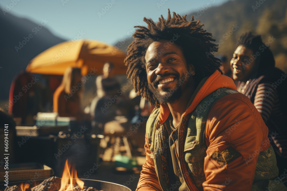 African American man enjoying a hike in the mountains with a campground in the background