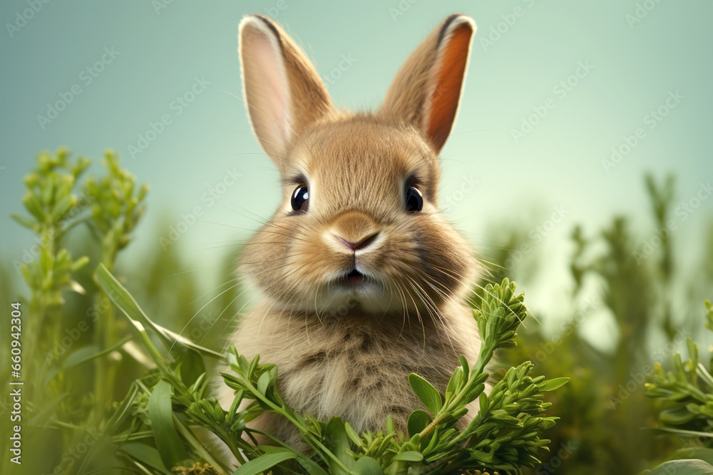 Obraz premium cute small surprised rabbit in green grass