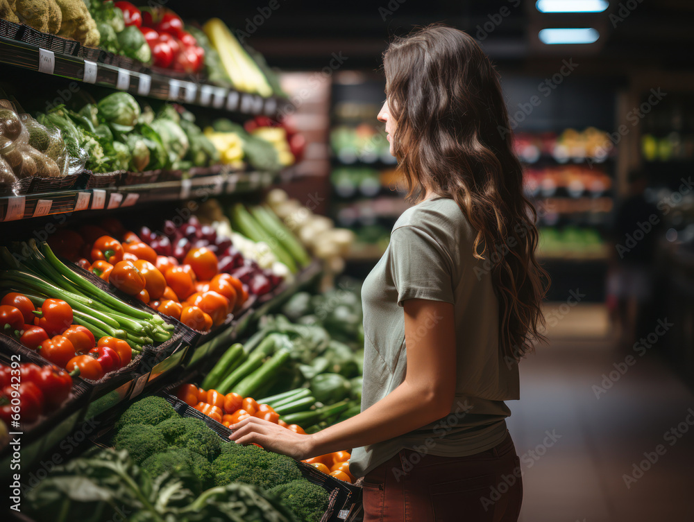 Portrait of a woman buying vegetables in a supermarket, preparing to cook and eat healthy food