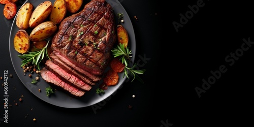 grilled beef steak and potatoes on plate isolated on white background, top view : Generative AI photo
