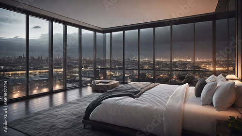 penthouse bedroom at night, dark gloomy, A room with a view of the city from the bed photo