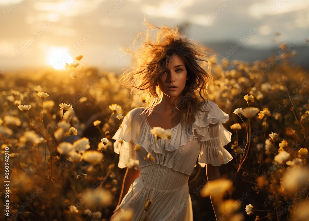 Girl in Blooming Fields at Sunset. AI Girl in Blooming Fields at Sunset. AI