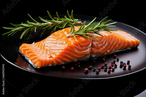 Piece of salmon fillet on black plate and rosemary. Close up.