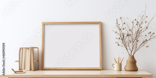 Home office concept. Old books, empty vertical wooden picture frame mockup hanging on white wall. Wooden desk, table. Vase with olive branches. Elegant working space. Scandinavian inte : Generative AI