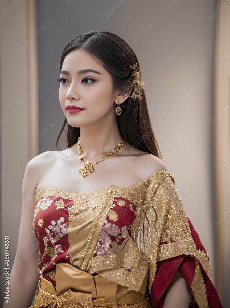 Beautiful, cute woman wearing Thai dress Copper color poses as a model Beautiful, cute woman wearing Thai dress Copper color poses as a model