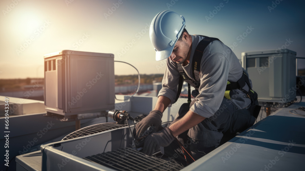 Air Conditioning Repair, repairman on the rooftop fixing air conditioning system. Air Conditioning Repair, repairman on the rooftop fixing air conditioning system.
