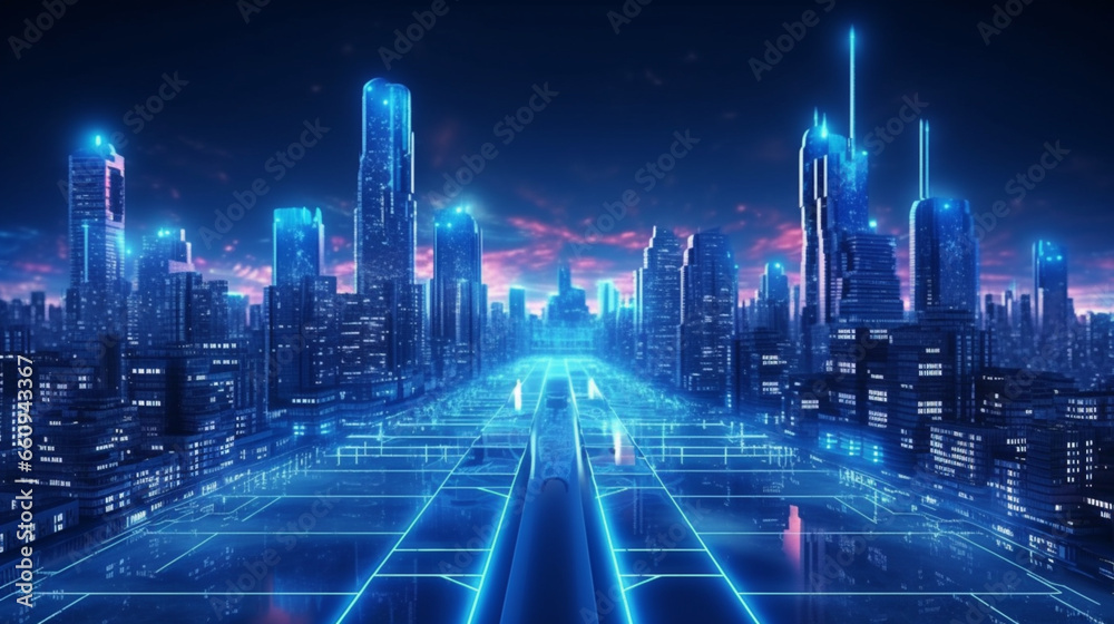Futuristic infrastructure of a smart night city. Blue neon colors. Connection technology metaverse concept. Night city banner with big data. Device connection.