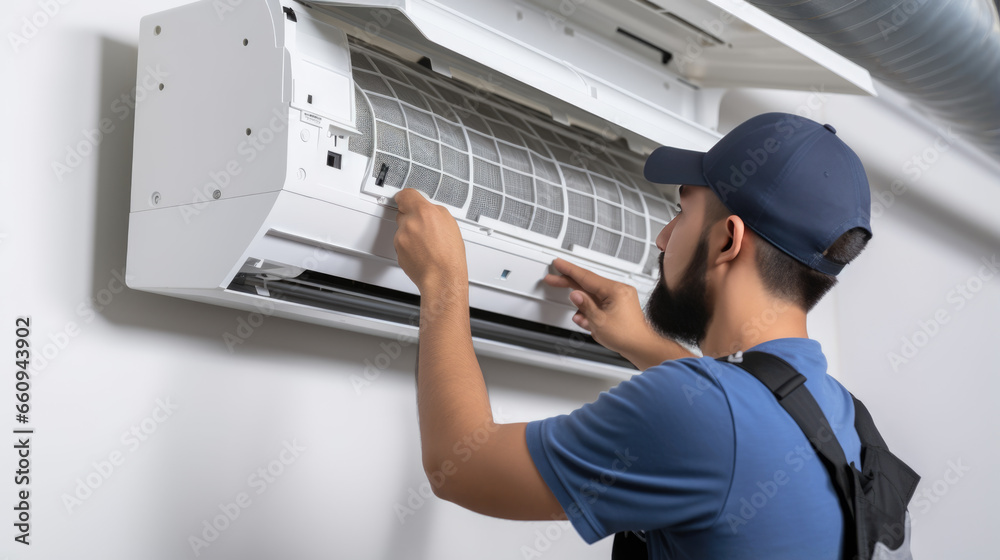 Obraz premium Male technician repairs an air conditioner indoors.