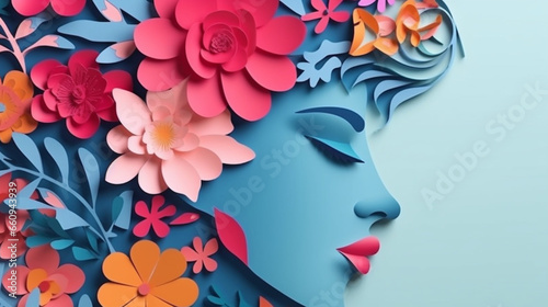 Illustration of face and flowers paper cut and Neomorphism style © Renuom