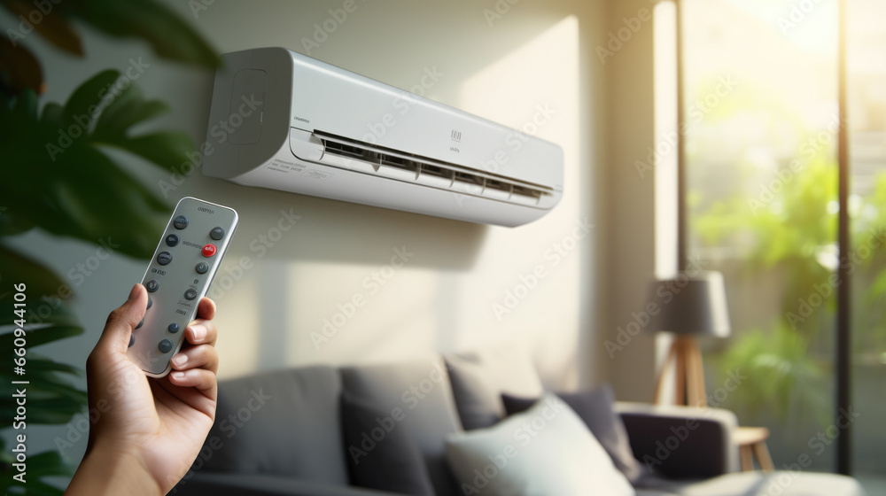 Hand holding remote control aimed at the air conditioner. Woman turning on air conditioner with remote control. - obrazy, fototapety, plakaty 