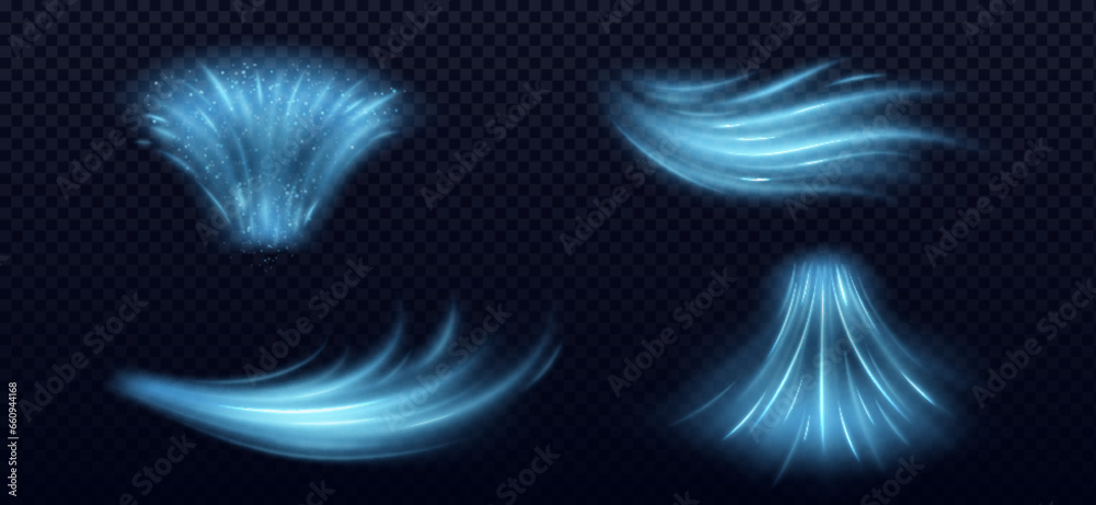 Cold air wind flow, cool fresh wave vector effect. Clean isolated conditioner smoke stream. Abstract breeze blow trail png. Blue ice speed mist with dust texture. Frost purification curve graphic - obrazy, fototapety, plakaty 