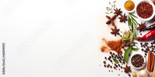 Food background with spices, herbs and utensil on white background. : Generative AI