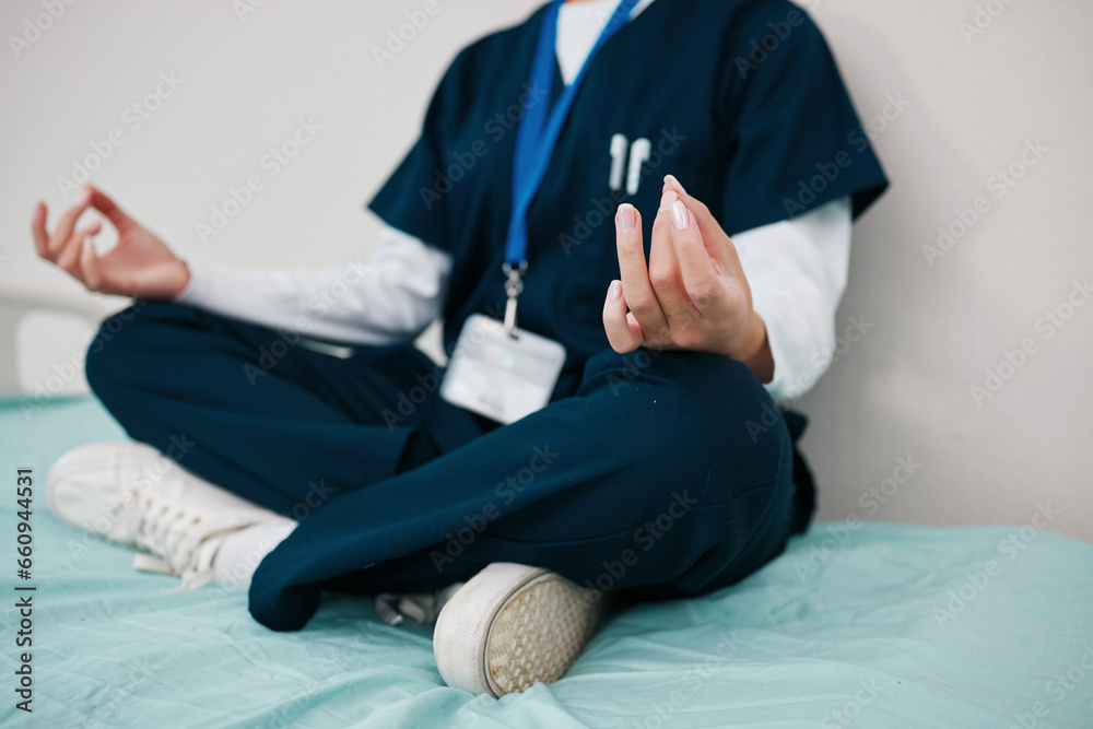 Doctor, healing and meditate to relax in hospital, yoga and break from work, closeup in calm for mental health. Medical professional, peace and wellness for aura, zen and chakra for balance in career - obrazy, fototapety, plakaty 