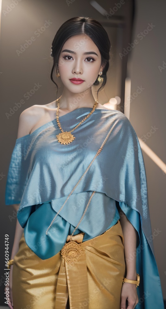Fototapeta premium A beautiful, cute woman wearing a Thai dress in Holographic colors poses as a model