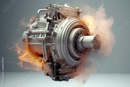 Explosive EV motor view, gray background. Rendered in 3D. Generative AI