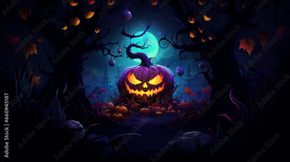 Horizontal banner or poster party invitation with place for text for Halloween monster pumpkin with glowing eyes, creepy forest with full moon, Halloween background. 