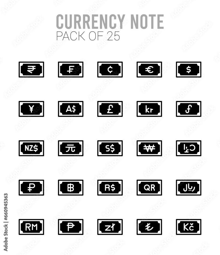 25 Currency Note Lineal Fill icons Pack vector illustration.