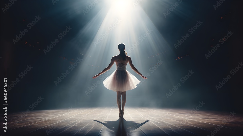 An enchanting image capturing a ballerina's elegant performance on stage, as she gracefully dances with poise and precision.
