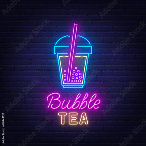 Bubble Tea neon sign on brick wall background.