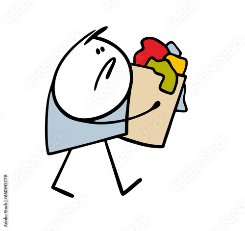 Cartoon disgruntled character carries a basket full of dirty laundry. Vector illustration of housewife tired with grimace on her face going to wash children clothes. Funny stickman isolated on white.