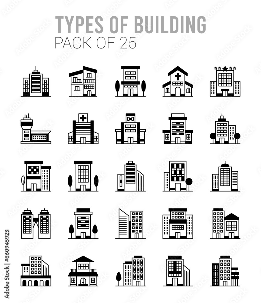 25 Types of Building Lineal Fill icons Pack vector illustration.