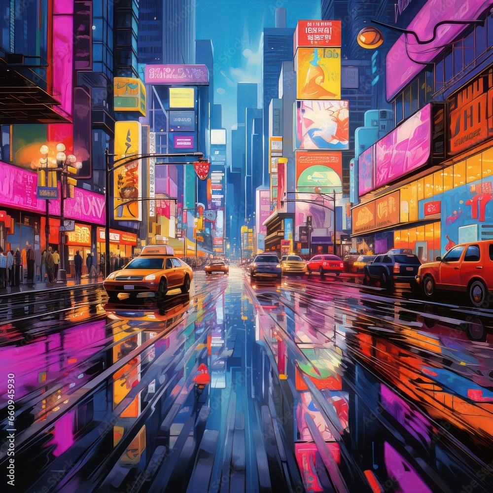 Capture the essence of a bustling cityscape at twilight, with vibrant neon signs reflecting on wet pavement, creating a mesmerizing urban dreamscape.