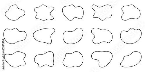 Irregular Organic Line Blob Set. Asymmetric Shape Blotch. Liquid Random Outline Form. Black Bubbles Collection On White Background. Fluid Amorphous Round Blotch. Isolated Vector Illustration