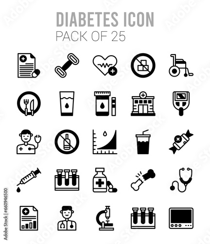 25 Diabetes Lineal Fill icons Pack vector illustration.