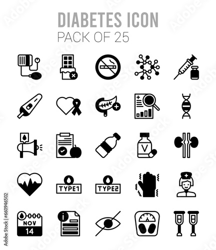 25 Diabetes Lineal Fill icons Pack vector illustration.