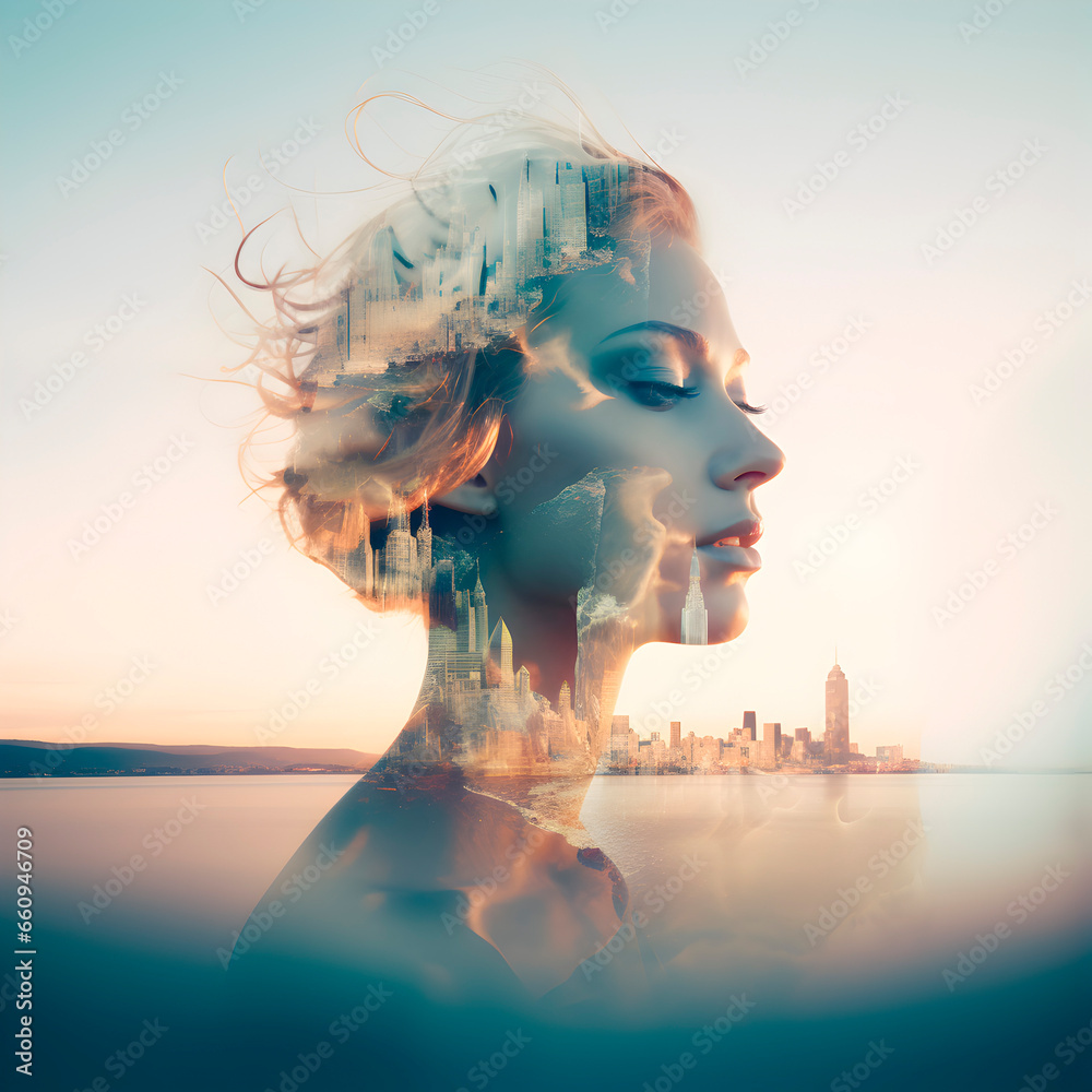 Double exposure photography of woman and city landscape