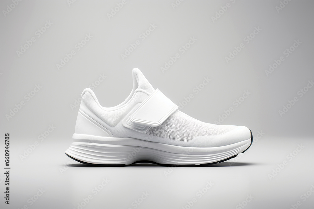 White sneaker isolated on light background, sport shoe fashion, sneakers, trainers, sport lifestyle, running concept, product photo, street wear. Simple minimalist fashion footwear - obrazy, fototapety, plakaty 