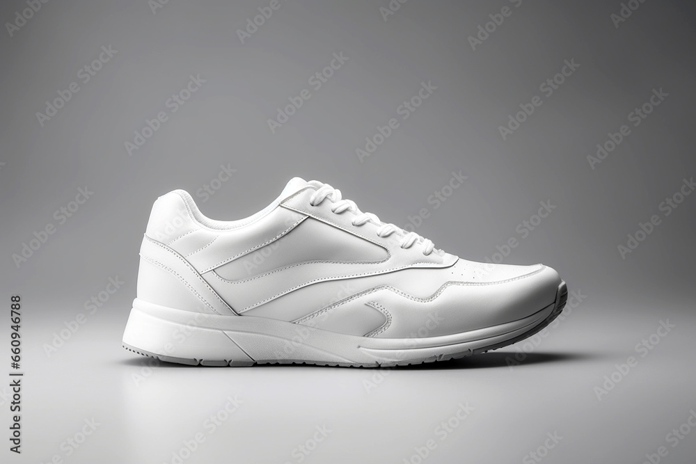 White sneaker isolated on light background, sport shoe fashion, sneakers, trainers, sport lifestyle, running concept, product photo, street wear. Simple minimalist fashion footwear - obrazy, fototapety, plakaty 