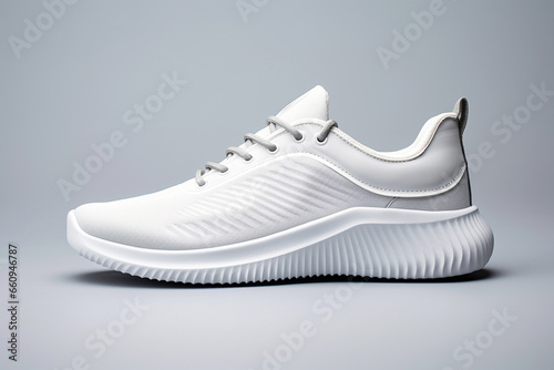 White sneaker isolated on light background, sport shoe fashion, sneakers, trainers, sport lifestyle, running concept, product photo, street wear. Simple minimalist fashion footwear
