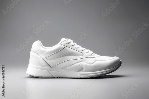 White sneaker isolated on light background, sport shoe fashion, sneakers, trainers, sport lifestyle, running concept, product photo, street wear. Simple minimalist fashion footwear