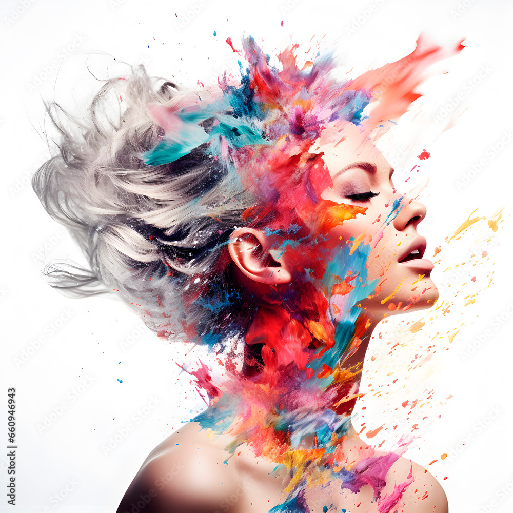 Double exposure photography of woman and color splashes