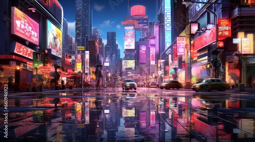 Capture the essence of a bustling cityscape at twilight  with vibrant neon signs reflecting on wet pavement  creating a mesmerizing urban dreamscape.