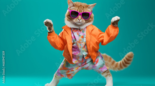 Cat with colorful clothes and sunglasses dancing cheerfully