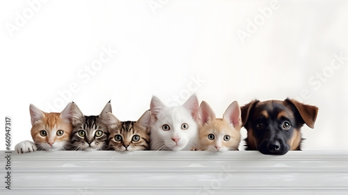 Cute and funny dogs and cats peeking out behind a white blank banner. Advertising a veterinary clinic or pet supplies concept