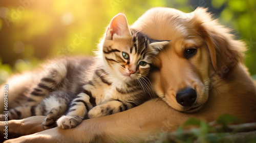 Cute puppy and cat together embracing with love