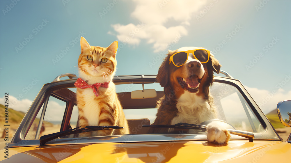 Happy dog and cat peeping out from the car, Summer vacation traveling concept - obrazy, fototapety, plakaty 