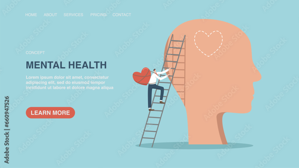 Vector illustration for poster, website or web page, banner with man with heart climbs ladder to head. Mental health, separate work and personal life, emotional intelligence, feelings and emotions. - obrazy, fototapety, plakaty 