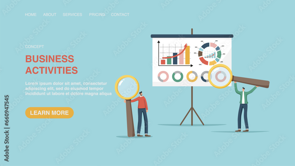 Vector illustration for website or web page, banner with men with magnifying glasses near board with graphs. Business activities, 
accounting for investment portfolio, analyzing income and expenses. - obrazy, fototapety, plakaty 