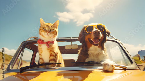 Happy dog and cat peeping out from the car, Summer vacation traveling concept photo