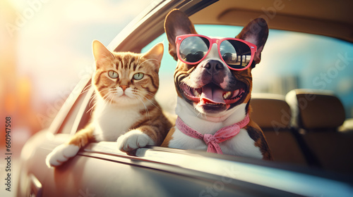 Happy dog and cat look out from the car window, Summer holidays and travel concept photo
