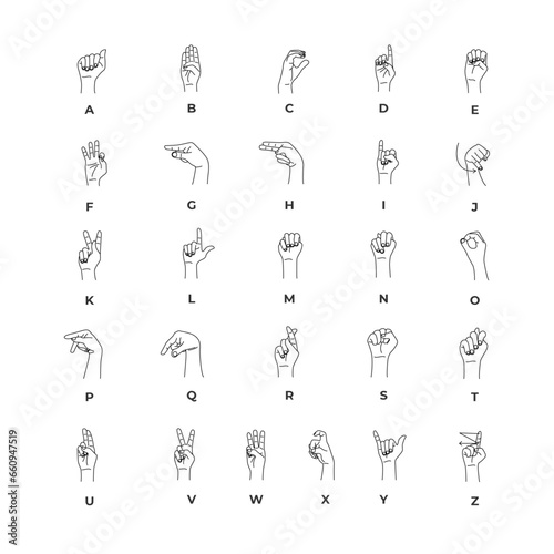 Hand sign language alphabet collection - vector line illustration